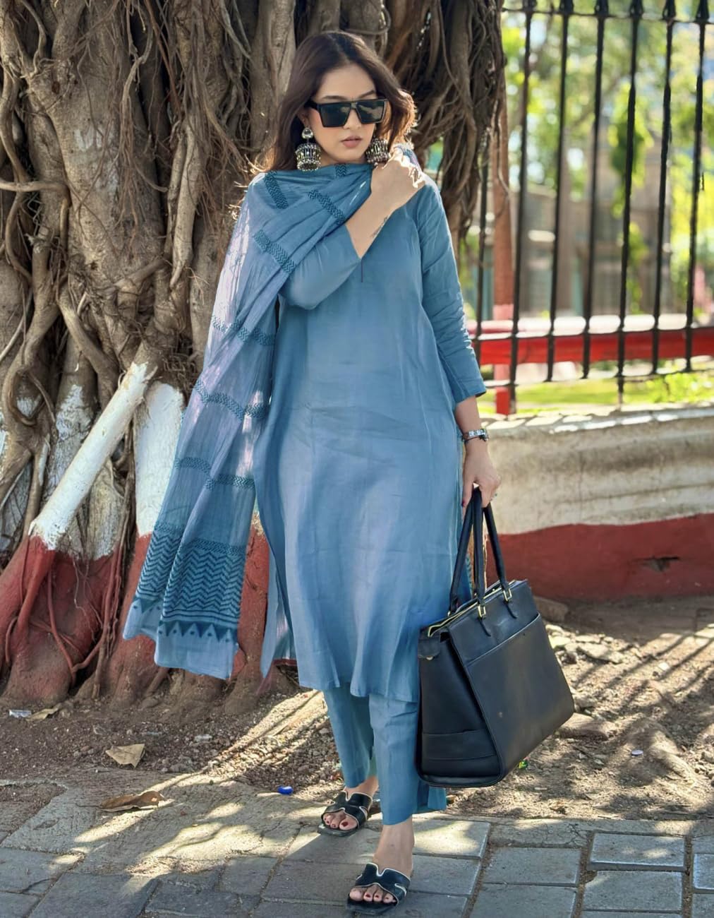 Anni Designer Women'S Rayon Blend Straight Solid Kurta With Pant & Dupatta (Raja Saab Light Blue_S_Light Blue_Small),Light Blue,S,Rayon Blend,Regular,