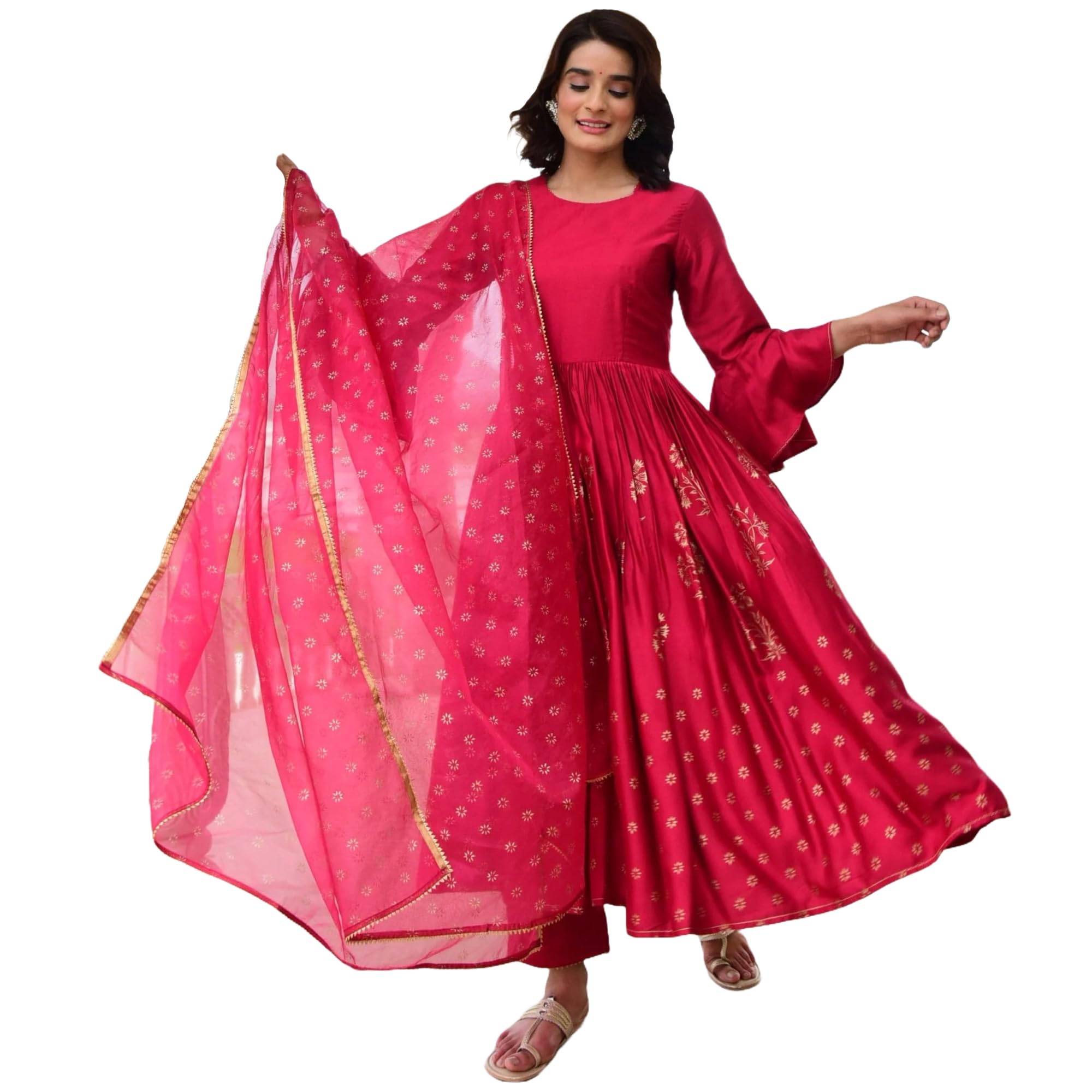 Gosriki Women'S Rayon Blend Anarkali Printed Kurta With Pant & Dupatta (Kundavai Pink-Gs_S_Pink_Small),Pink,,B0DLGKP21C