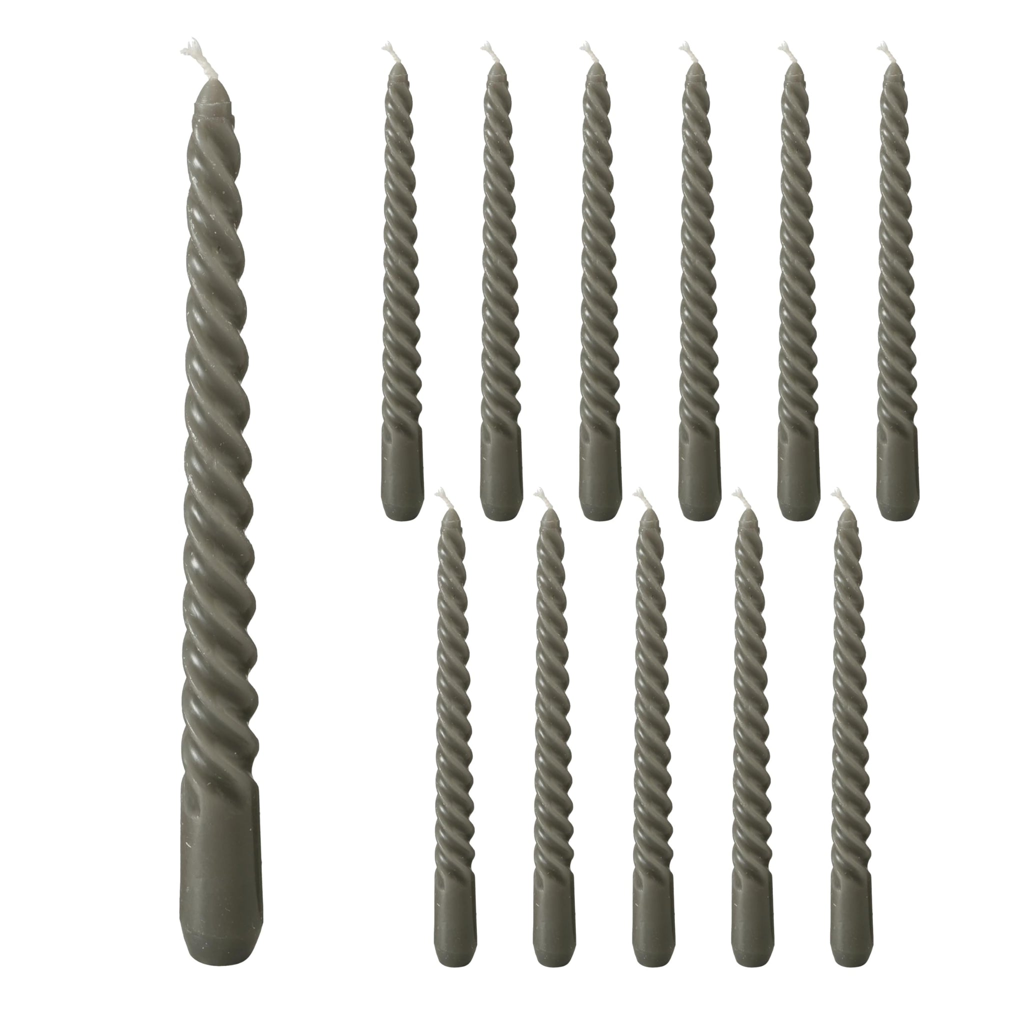 12 Piece Pale Dark Grey Twist Taper Candles, 2 Boxed Sets of 6, 4 Hours Burn Time, Paraffin Wax, 7.75 Inches