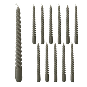 12 Piece Pale Dark Grey Twist Taper Candles, 2 Boxed Sets of 6, 4 Hours Burn Time, Paraffin Wax, 7.75 Inches