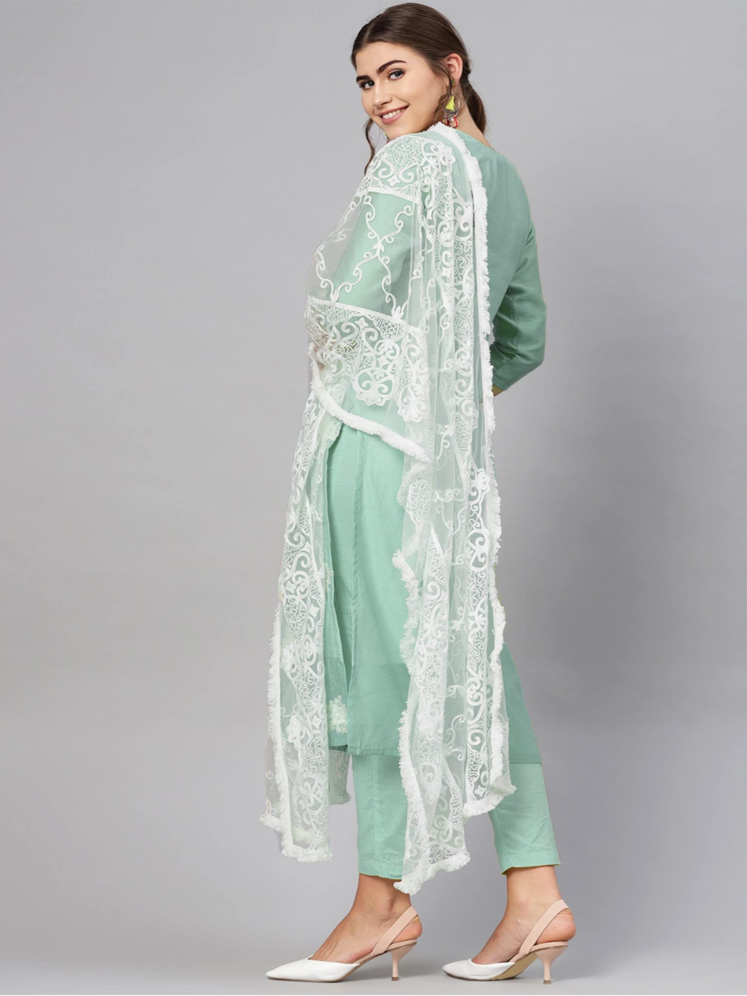 Anni Designer Women'S Ruby Cotton Straight Embroidery Kurti With Pant & Dupatta Set,Light Green,XL,Cotton,WHITE-SHOW-Light Green-Nw_125,
