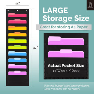 Black Pocket Chart for Classroom - 10 Pocket Storage Rainbow Pocket Charts , 2 Over Door Hangers Included, Hanging Wall File Org