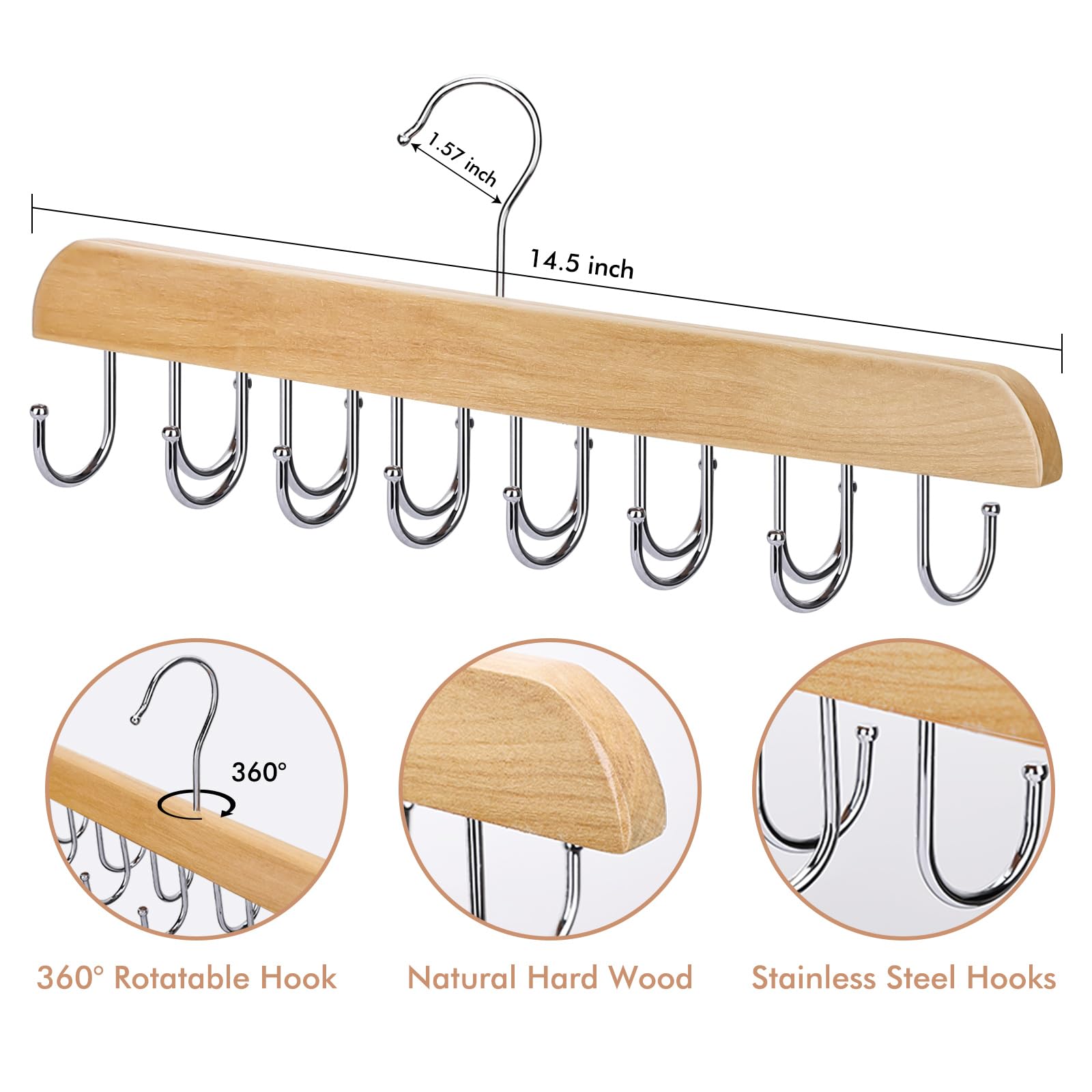 NECAMOCU Belt Hanger, Natural Wooden Belt Organizer for Closet, 360 Rotating Tie & Belt Rack for Storage with 14 Hooks, Sturdy B