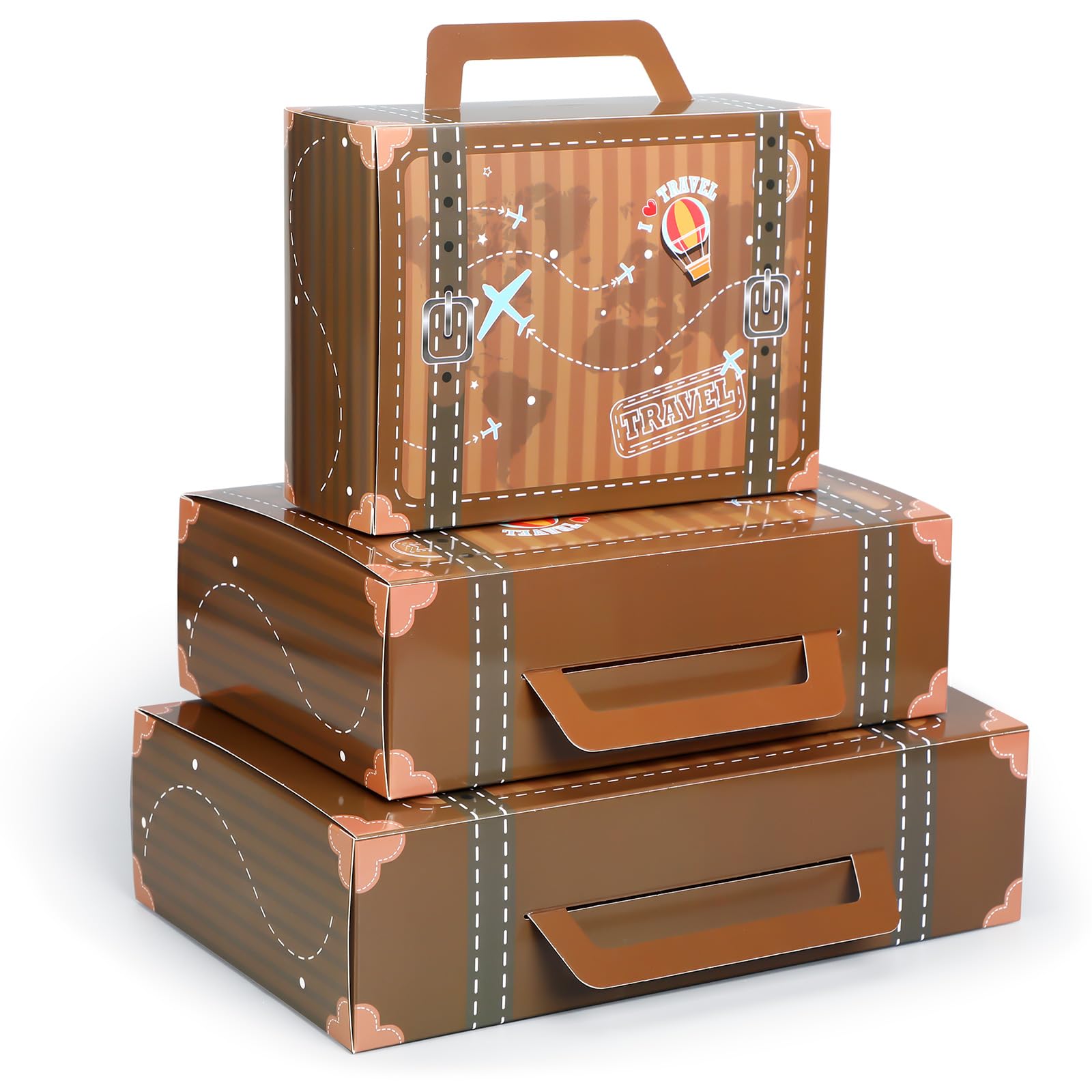 Weekgrat 6 Pcs Large Vintage Travel Suitcase Box Travel Party Decorations Paperboard Suitcases Gift Box Decorative Set of 3 Smal
