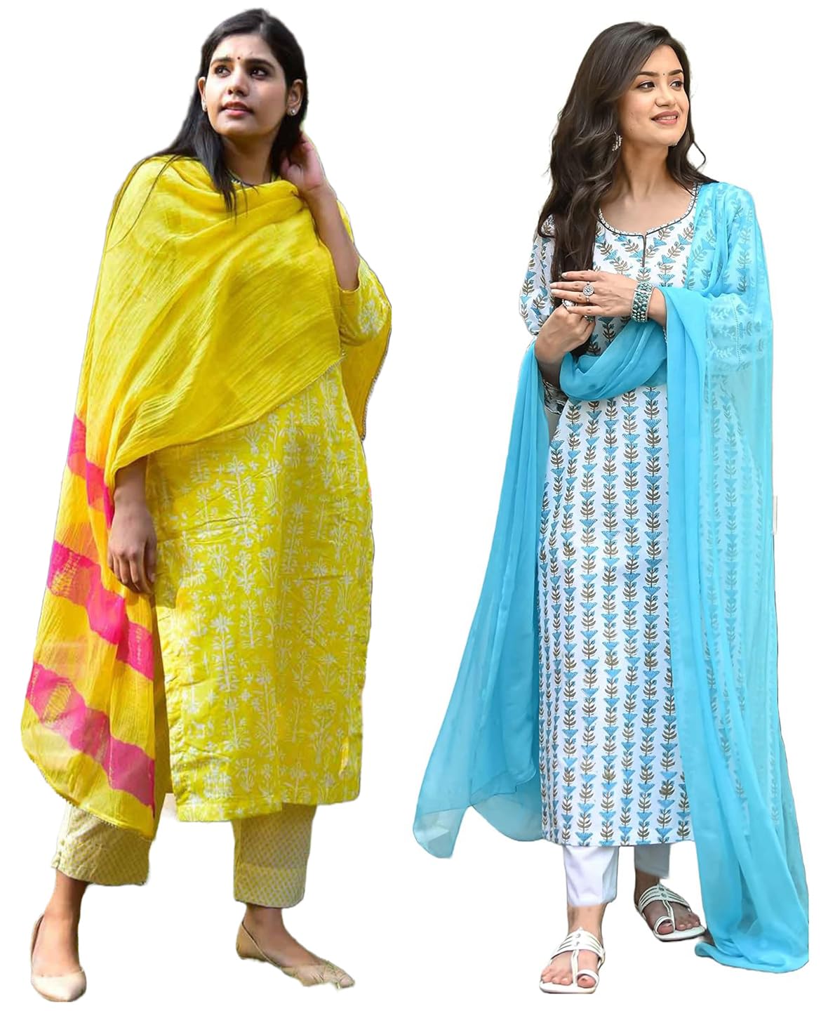 Anni Designer Women'S Cotton Blend Printed Straight Kurta With Pant & Dupatta Pack Of 2 (Combo-Bagru-Yellow-April-Sky Blue_S_Multi_Small),Multicolour,S