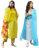 Anni Designer Women'S Cotton Blend Printed Straight Kurta With Pant & Dupatta Pack Of 2 (Combo-Bagru-Yellow-April-Sky Blue_Xxl_Multi_Xx-Large),Multicolour,2XL