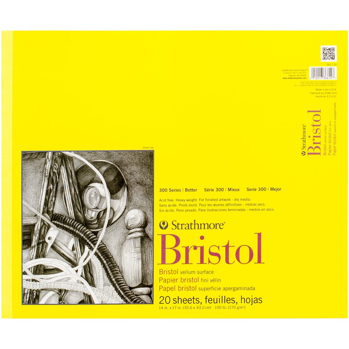 Strathmore 300 Series Bristol Vellum Pad, 14''X17'', Tape Bound, 20 Sheets
