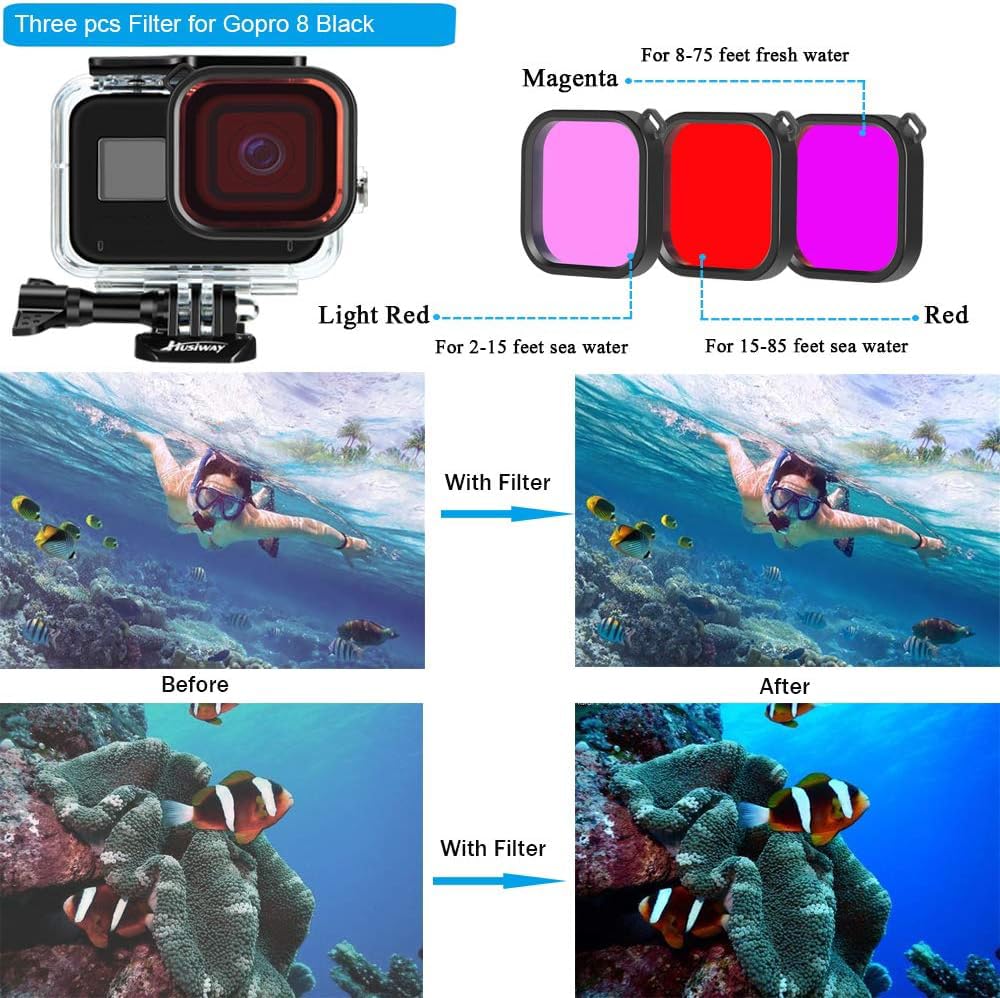Husiway Action Camera Accessories Kit for Gopro Hero 8 Black Waterproof Housing Silicone Case Glass Screen Protector are Compati