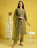 Kaari Rayon Staple 3 PCS Women Kurta Set (KAAAW24WSKD-82020_Mehendi Green_M)