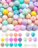 Cinvo 100pcs Silicone Loose Beads 15mm Round and 14mm Hexagon Shaped Beads with 5m Lanyard for Bracelets Necklace Jewelry Making