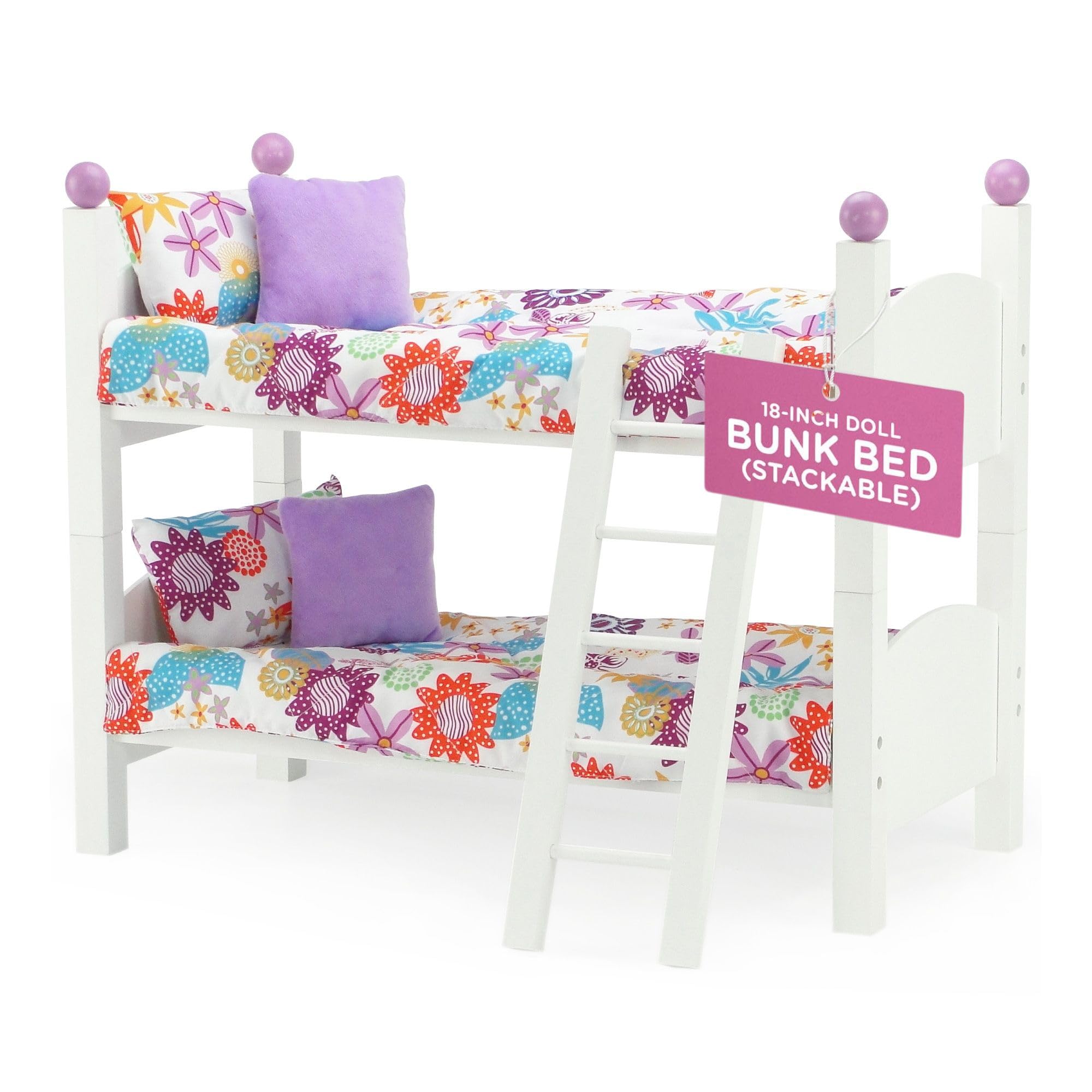 Emily Rose Doll Bunk Bed, 18 Inch Doll Bedroom Furniture 2 Stackable Beds, Wooden 18-in Doll Accessories Bunkbed Set with 18 D