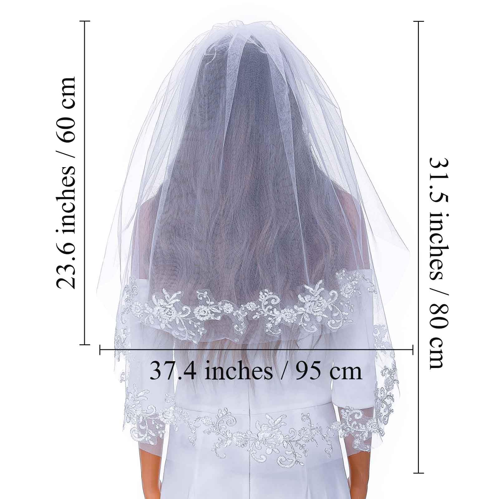 Acenail 2 Tiers Bride Wedding Veil Waist Veil Short Lace Edge Veil with Comb Bridal Tulle Hair Accessories for Brides (White)