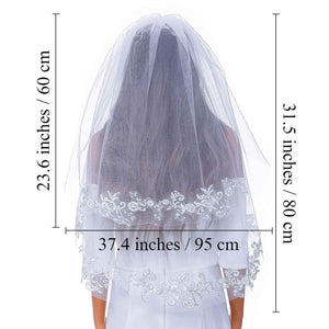 Acenail 2 Tiers Bride Wedding Veil Waist Veil Short Lace Edge Veil with Comb Bridal Tulle Hair Accessories for Brides (White)