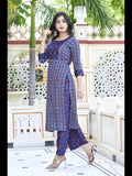 Anni Designer Women'S Cotton Blend Printed Straight Kurta With Pant (Punya Blue-Cmd_L_Blue_Large),Blue,L,Cotton Blend,Regular,Kurta