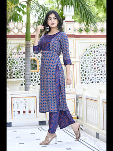 Gosriki Women'S Cotton Blend Printed Straight Kurta With Pant (Punya Blue-Cmd-Gs_S_Blue_Small),Blue,,B0C6GZ8J2Z