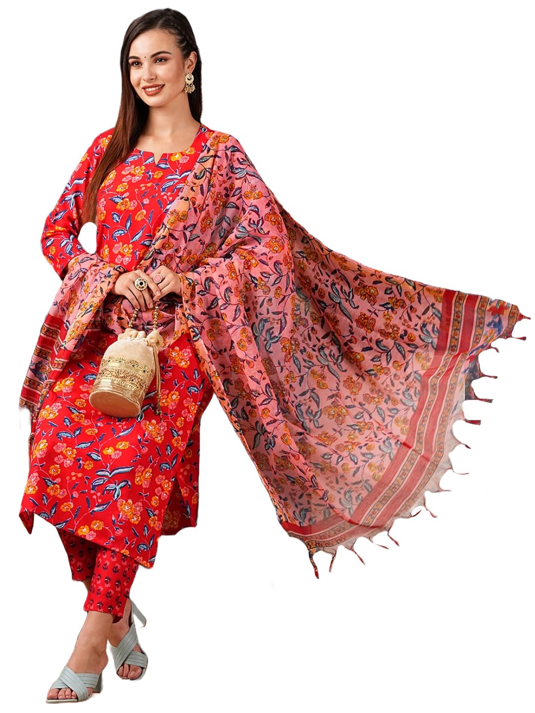Anni Designer Women'S Cotton Blend Straight Printed Kurta With Pant & Dupatta (Ja Gadi Red-Ns_M_Red_Medium),Red,M,,,