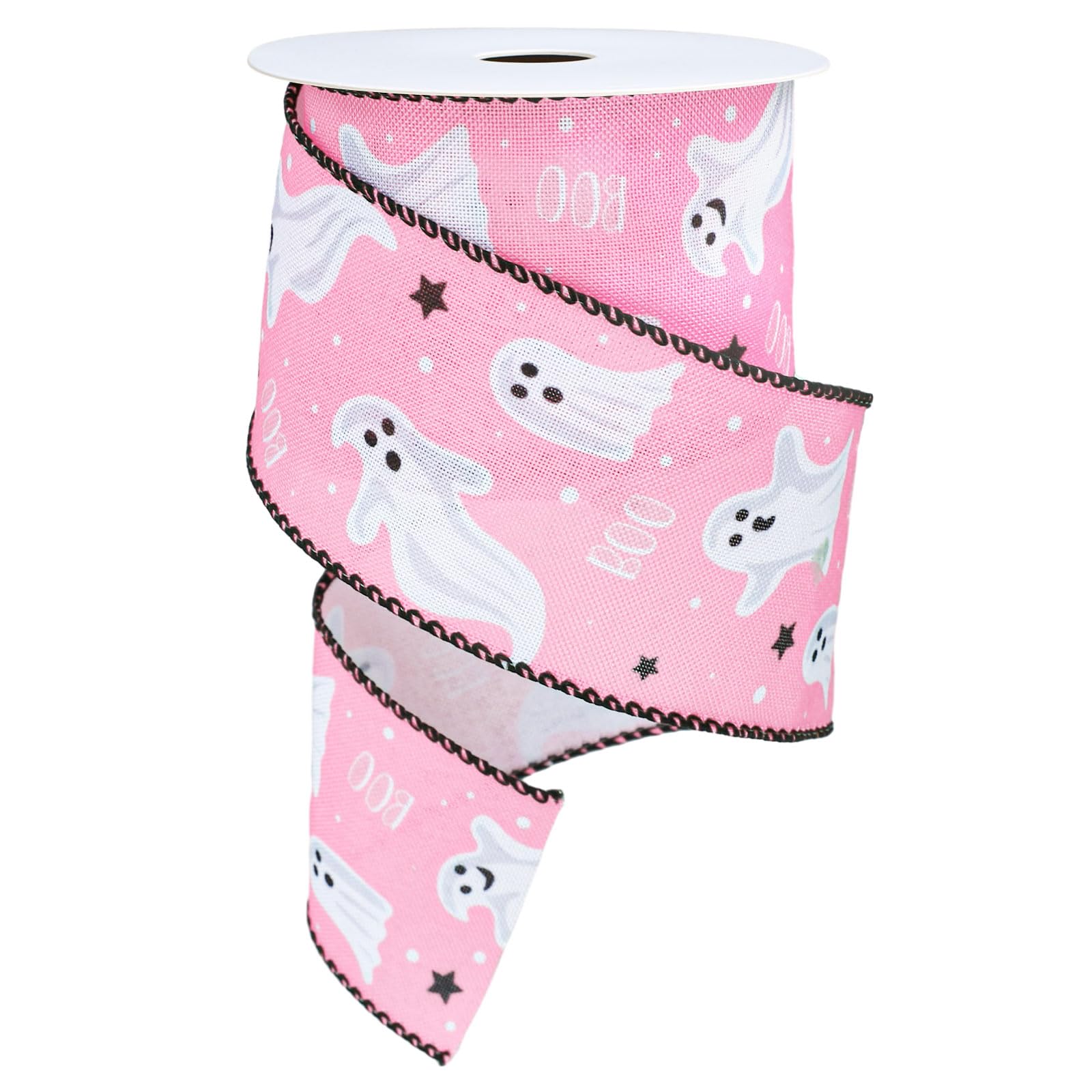 Whaline Halloween Wired Edge Ribbon 2.5 Inch Pink Ghost Ribbon Spooky Gift Wrapping Ribbons for Bow Wreath Craft Party Decor, 10