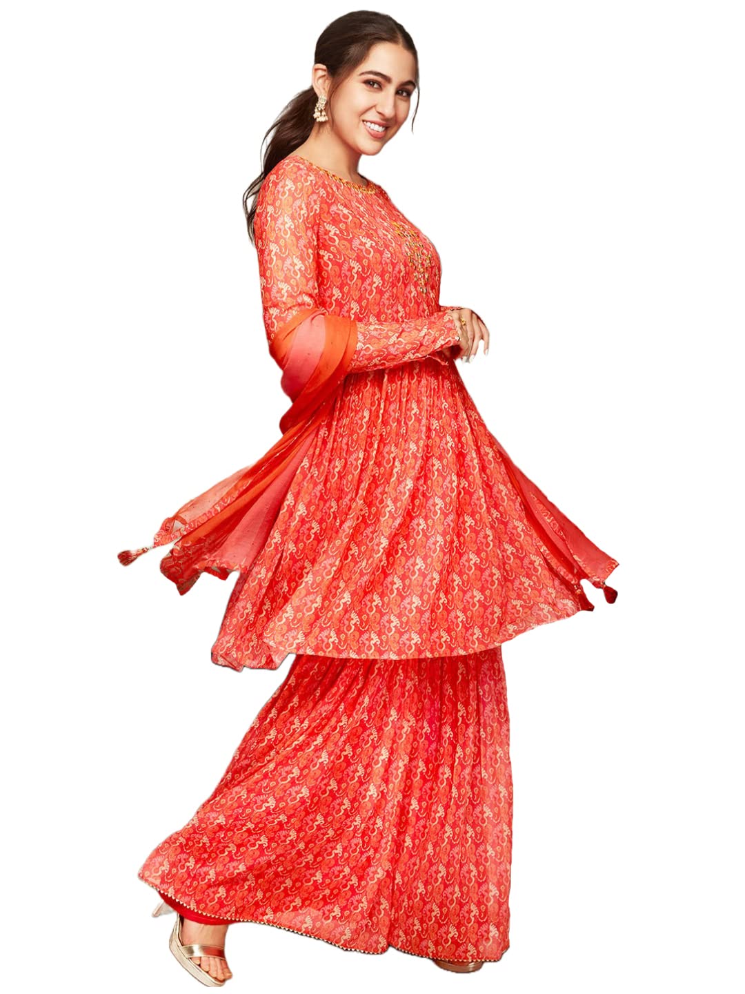 Gosriki Women'S Georgette A-Line Ethnic Motifs Printed Mirror Work Kurta With Sharara & Dupatta (Othani Orange-Gs_Xl_Orange_X-Large),Orange,,B0BJ22MVYS