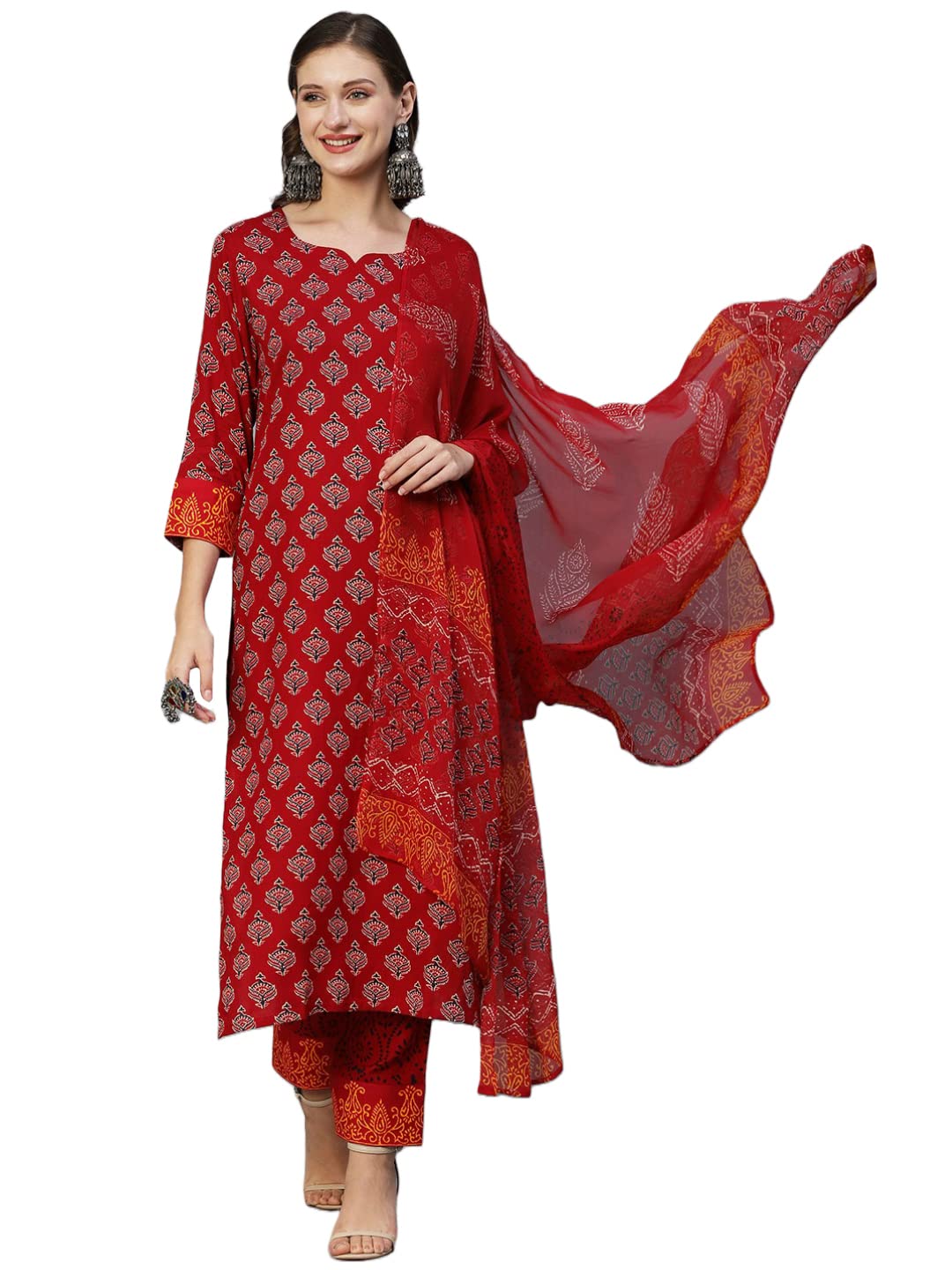 Anni Designer Women'S Cotton Blend Floral Printed Straight Kurta With Pants & Dupatta (Shank-Maroon-Cgd_M_Red_Medium),Red,M
