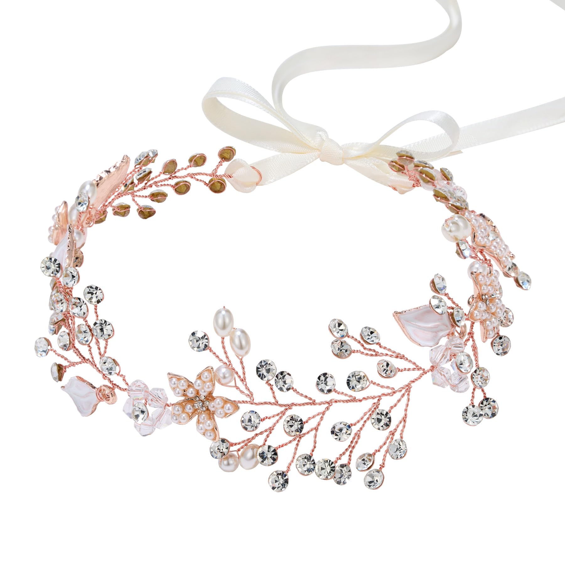 SWEETV Bridal Headband Wedding Headpiece for Bride Hair Accessories for Wedding Hair Pieces Crystal Pearl Hair Vine Rose Gold