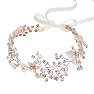 SWEETV Bridal Headband Wedding Headpiece for Bride Hair Accessories for Wedding Hair Pieces Crystal Pearl Hair Vine Rose Gold