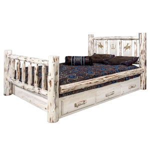 Montana Collection Queen Storage Bed W/Laser Engraved Bronc Design, Ready To Finish