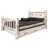 Montana Collection Queen Storage Bed W/Laser Engraved Bronc Design, Ready To Finish