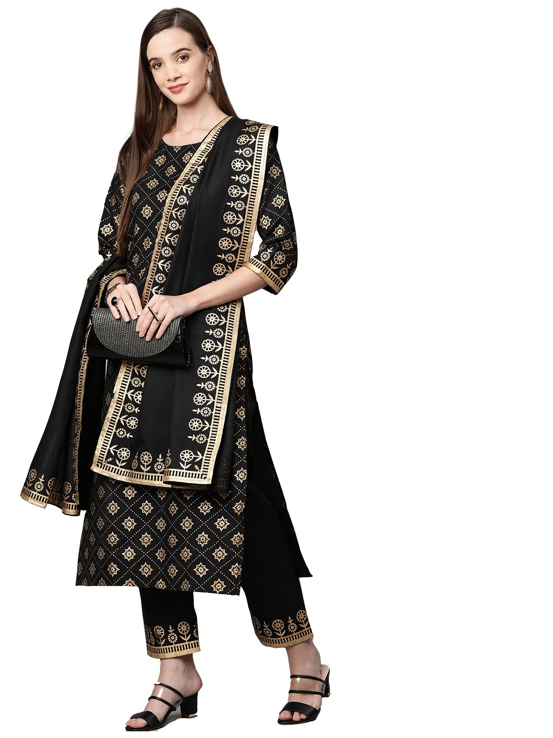 Gosriki Women'S Cotton Straight Kurta With Pant & Dupatta (Kptd-Cot-10079-Black_S-Go_Black_Small),Black,,B09NVNZ3B3