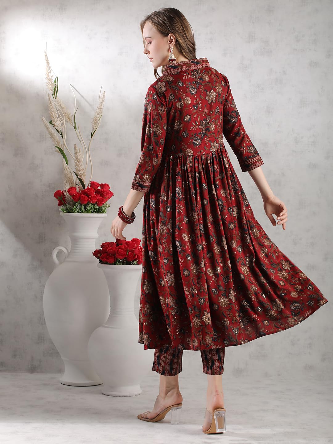 Anni Designer Women'S Rayon Blend Anarkali Printed Regular Fit Kurta With Pant (Gunba Maroon_Xxl_Maroon_Xx-Large),Maroon,2XL,Rayon Blend,Anarkali,