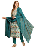 Anni Designer Women'S Cotton Blend Straight Printed Kurta With Pant & Dupatta (Kamkoj Teal_L_Blue_Large),Teal Blue,L