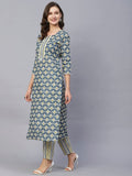 Anni Designer Women'S Cotton Blend Straight Printed Kurta With Pant Set (Tbh Blue_L_Blue_Large),Blue,L,Cotton Blend,Regular,Pants
