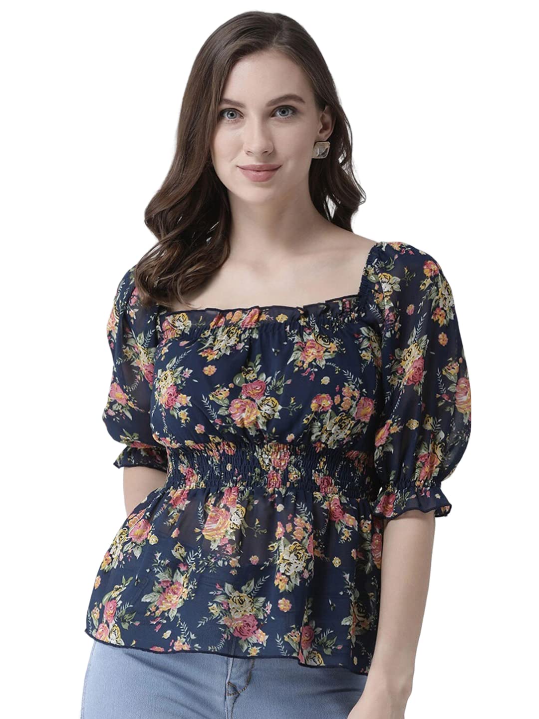 Anni Designer Women'S Georgette Floral Printed Puff Sleeves Square Neck Top (Bfc Blue_Xl_Blue_X-Large),Blue,XL