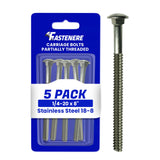 1/420 x 8 Carriage Bolts, Round Head, Square Neck, Stainless Steel 188, Partial Thread, Plain Finish, Flat Point, Quantity 5 
