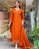 Anni Designer Women'S Rayon Viscose Anarkali Embroidered Kurta With Pant & Dupatta (Ranibai Orange-Vks01_Xl_Orange_X-Large),Orange,XL,,,