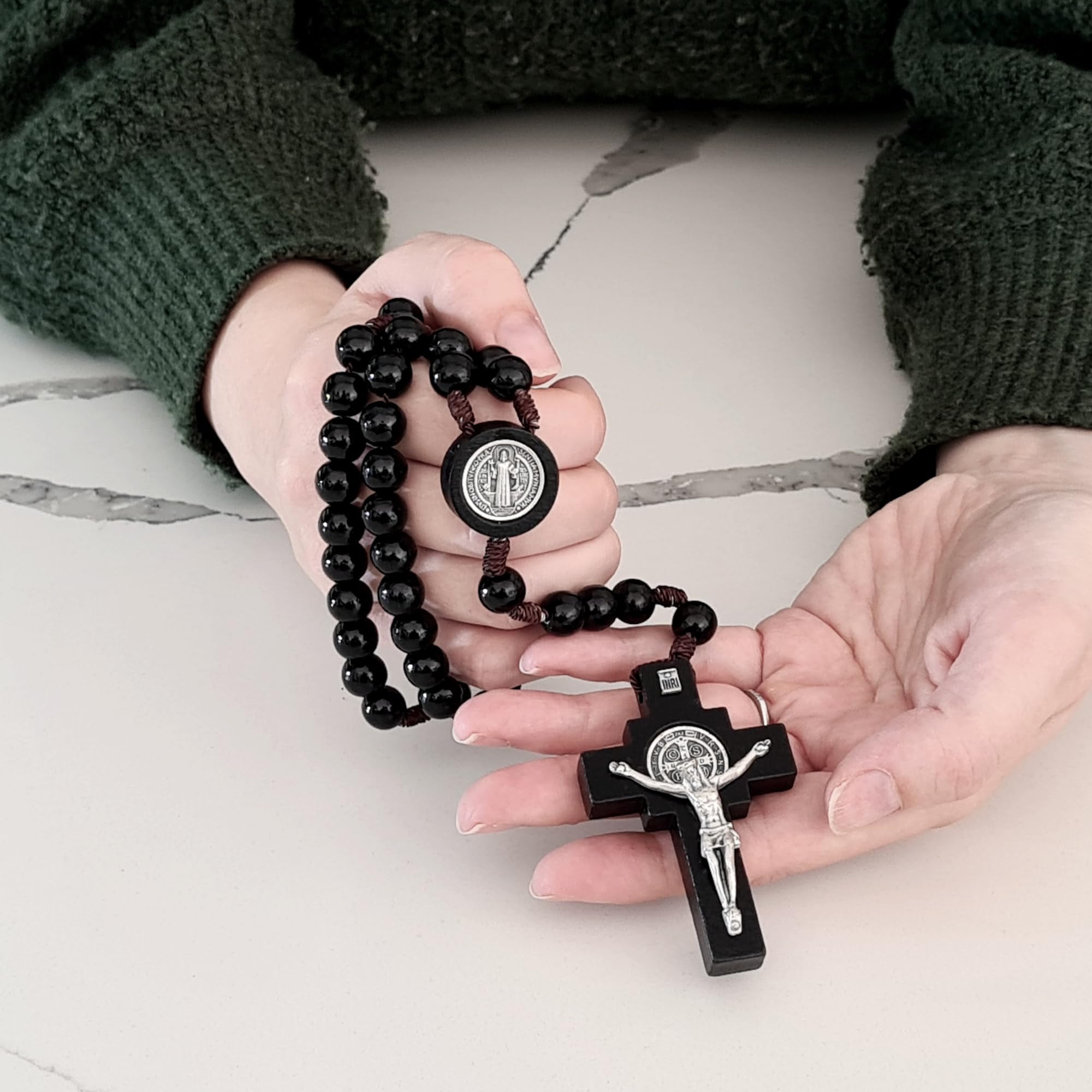Alexander Castle Our Father Solid Wooden Rosary Beads (Handmade - Brazilian Walnut) with St Benedict Junction - Comes in Velour