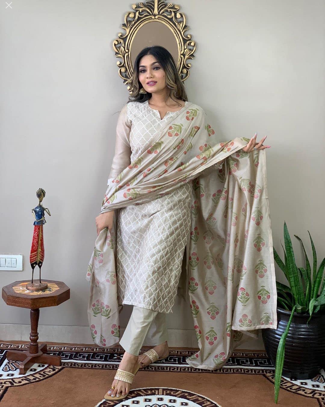 Anni Designer Women'S Cotton Blend Embroidered Straight Kurta With Pant & Dupatta (Mysuru-Cream-Nw_3Xl_Cream_Xxx-Large),Cream,3XL,Cotton Blend,Regular,Dupatta