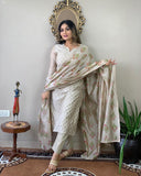 Anni Designer Women'S Cotton Blend Embroidered Straight Kurta With Pant & Dupatta (Mysuru-Cream-Nw_Xxl_Cream_Xx-Large),Cream,2XL,Cotton Blend,Regular,Dupatta