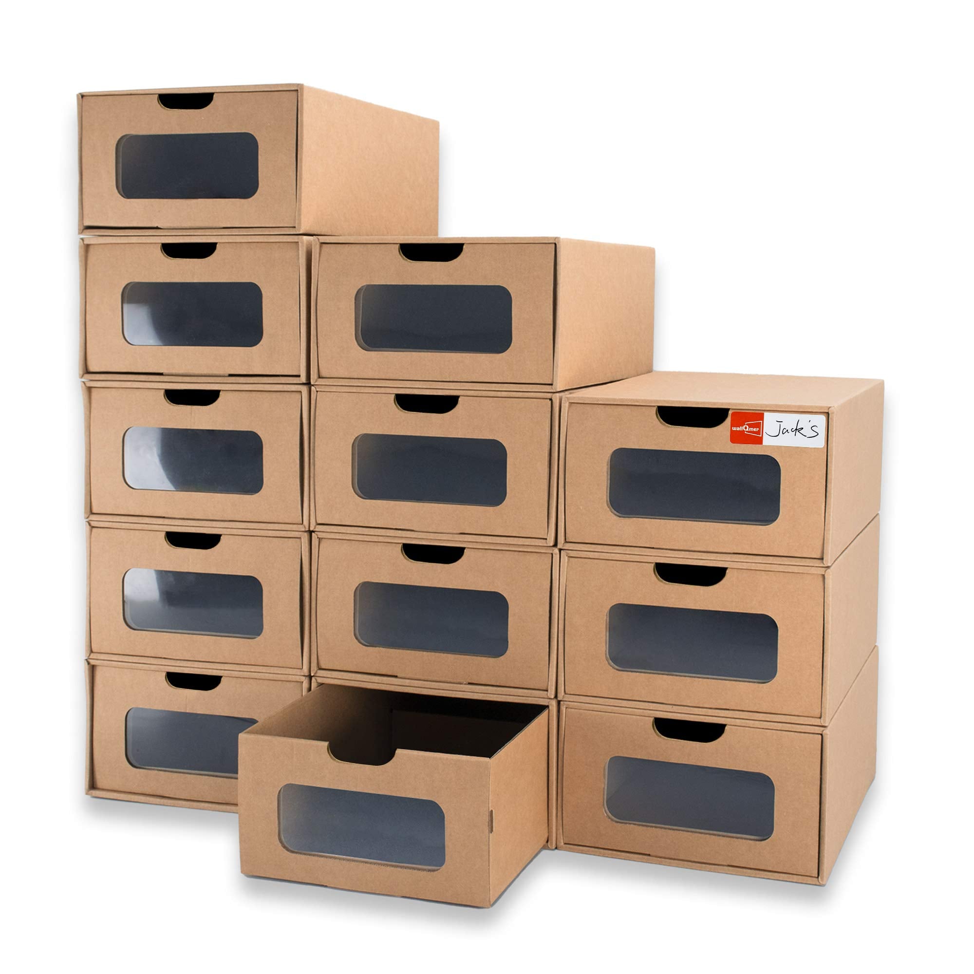 WALL QMER Shoe Boxes Cardboard, 12 Pack, Big Size, Waterproof, Heavy Duty, Stackable Shoe Storage Boxes, with Marking Labels, Tr