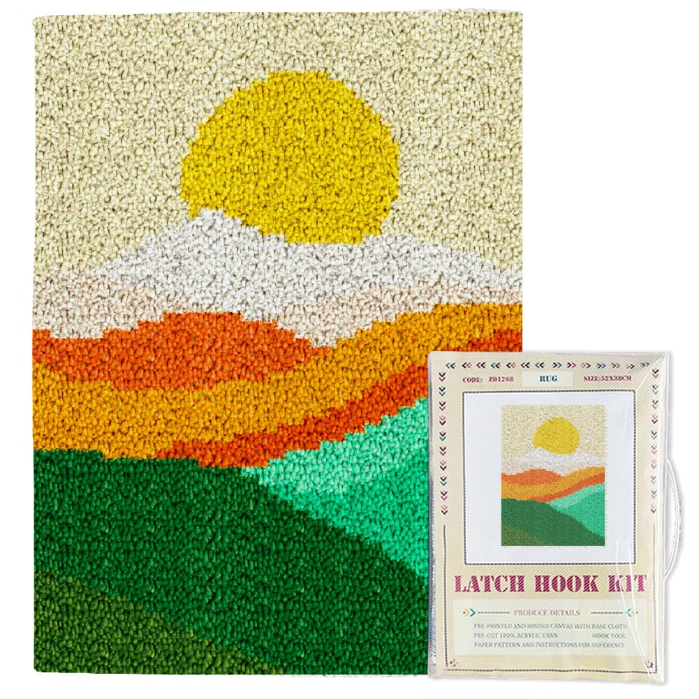 ORIGACH Landscape of Sunset Mountain Latch Hook Rug Kits, Color Stamped Grid Cloth Handmade Rug, Pattern Printed Carpet Kit, DIY