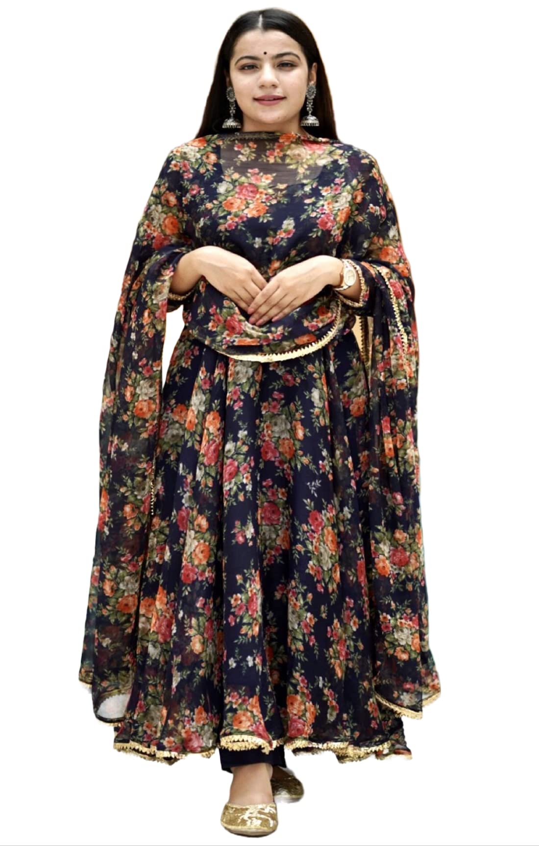 Gosriki Women'S Georgette Anarkali Printed Kurta With Pant & Dupatta (Atasi Blue-Nw2_S-Gs_Dark Blue_Small),Dark Blue,,B0BSLHMV17