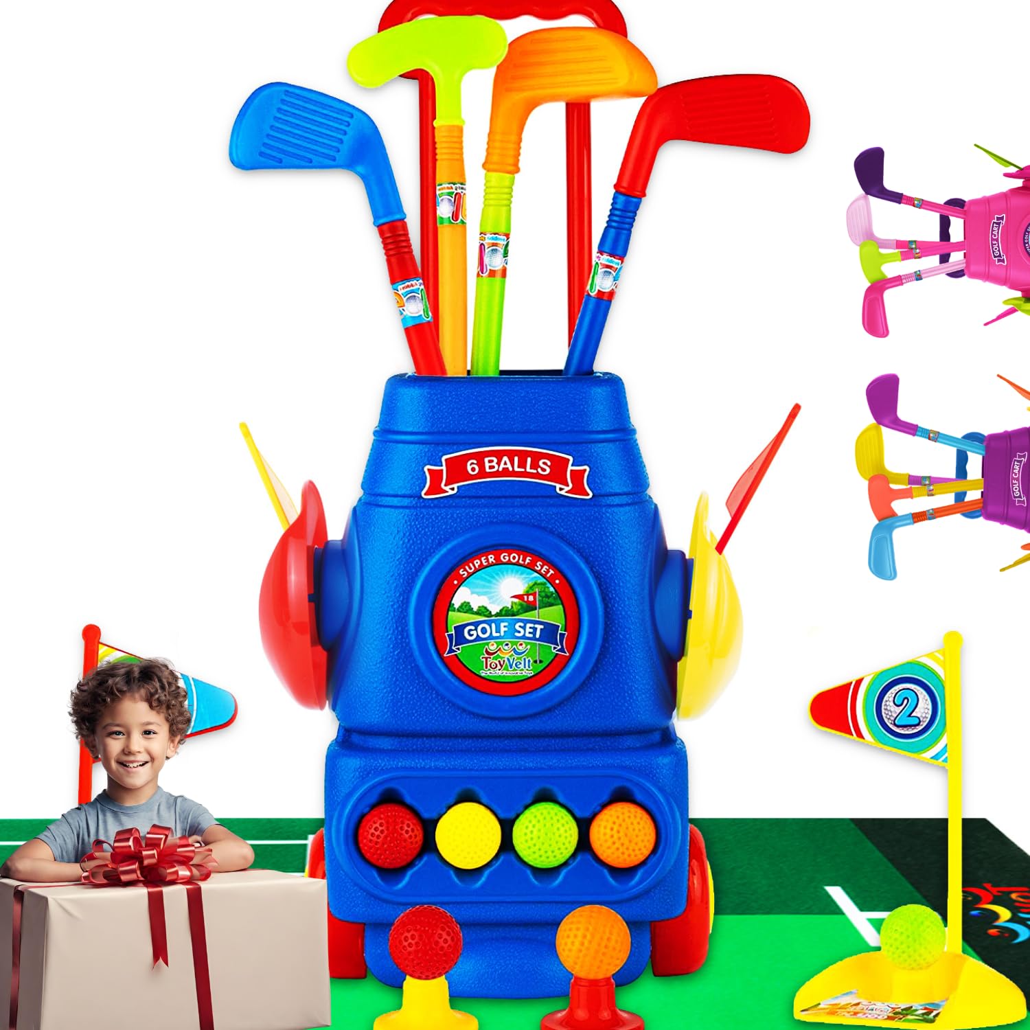 Toyvelt Toddler Golf Set - Kids Golf Clubs With 6 Balls, 4 Golf Sticks, 2 Practice Holes And A Putting Mat - Promotes Physical &