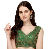 Pujia Mills Women's Silk Embroidery Sleeveless Sequins Zari Work Readymade Saree Blouse (Radha Krishna 11_Pink_38)