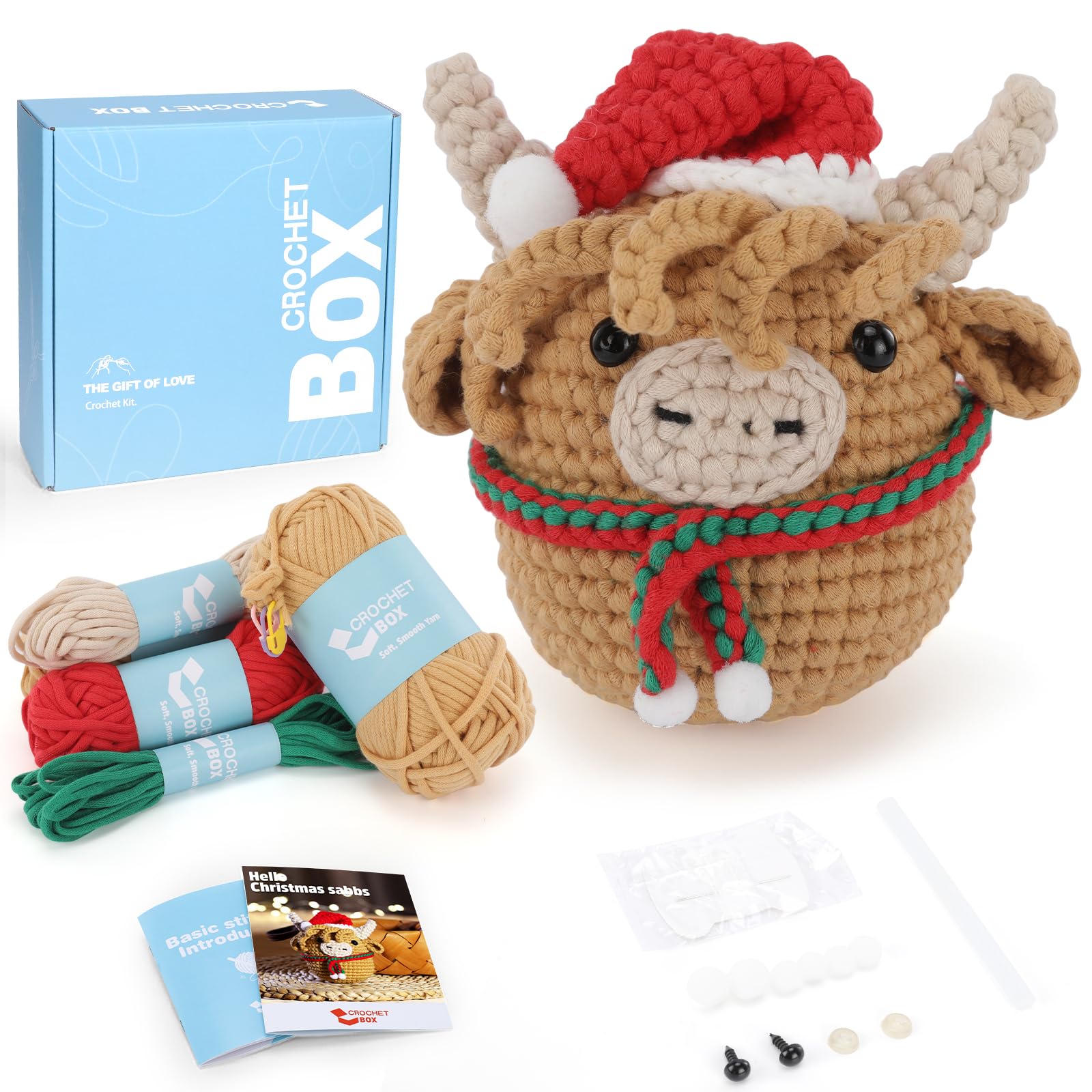 CrochetBox Christmas Crochet Kit for Beginners - Highland Cow Starters Crochet Kit, Beginners Crocheting Kitting for Adults Kids