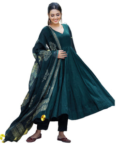 Gosriki Women'S Cotton Blend Solid Anarkali Kurta With Pant & Dupatta (Magic-Kerosin-Nw-Gs_Xl_Dark Blue_X-Large),Dark Blue,,B0CRPC5T6D