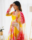 Wedani Women Floral Print Anarkali Kurta With Pant And Duptta (X-Large Yellow),Yellow,XL,Georgette,Anarkali,Dupatta