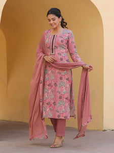 Gosriki Women'S Rayon Blend Printed Straight Kurta With Pant & Dupatta (Vice Peach-Nw-Gs_Xl_Peach_X-Large),Peach,,B0CXPDBZXV