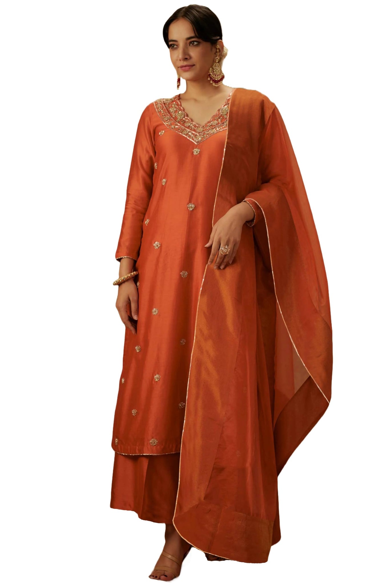 Anni Designer Women'S Rayon Viscose Straight Embroidered Kurta With Pant & Dupatta (Chahat Orange_M_Orange_Medium),Orange,M
