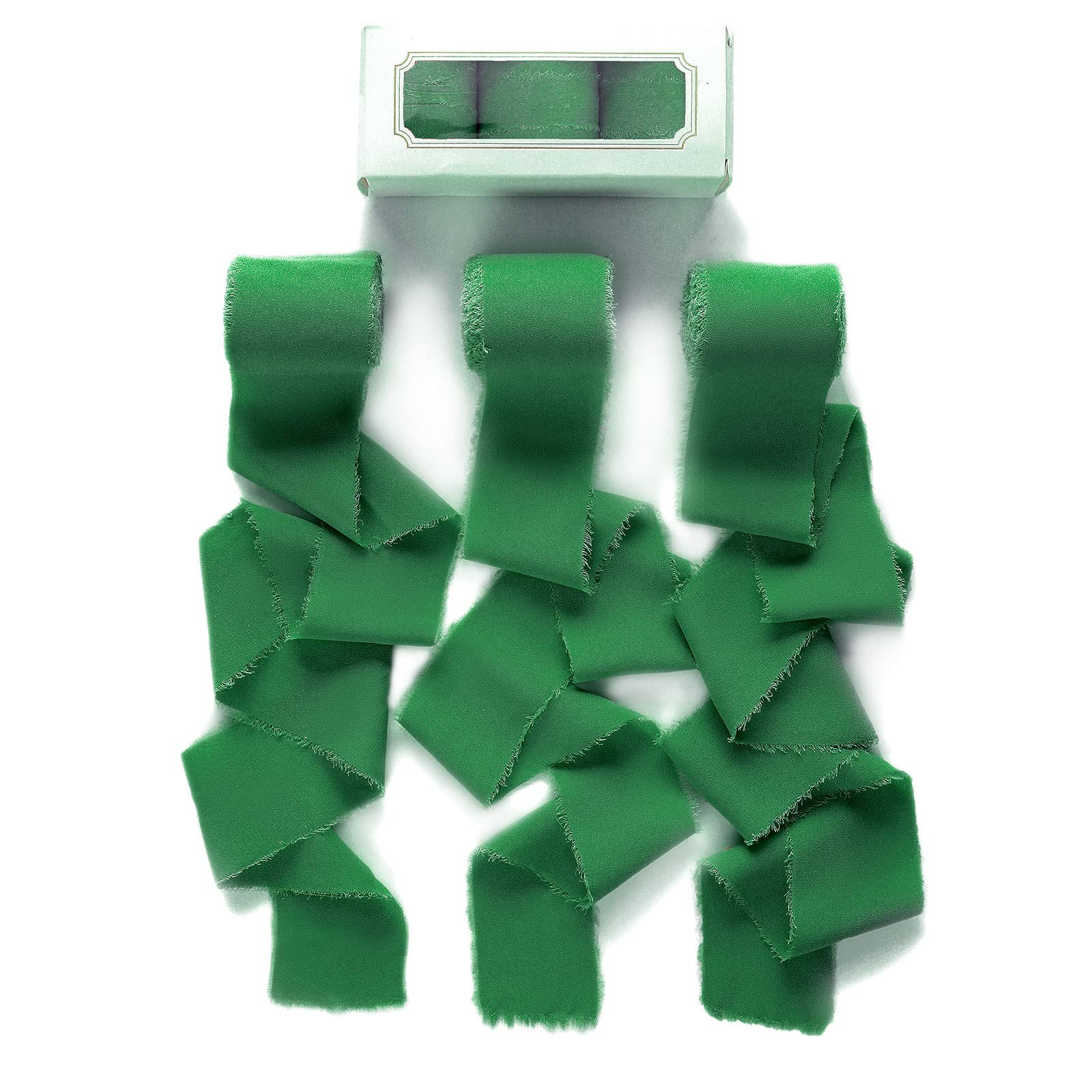 Pretty Jolly DarkGreen Chiffon Ribbon for Gift Wrapping 3 Rolls 2 Inch x 7Yd Silk Ribbons Handmade Fringe Fabric Ribbon for Flow