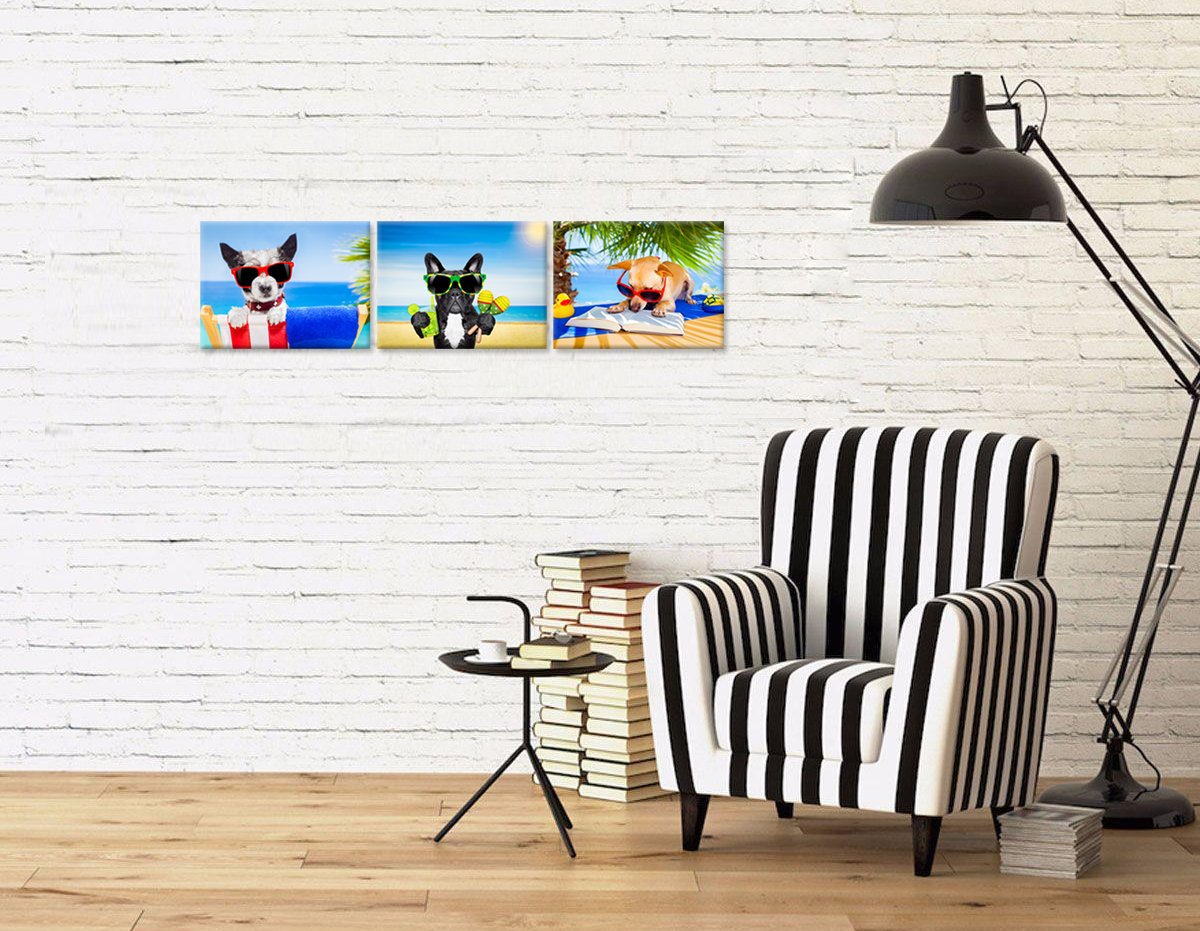 iHAPPYWALL 3 Pieces Dog Animals Canvas Wall Art Chihuahua Reading Book Funny Puppy Relaxing On Summer Beach Painting for Bedroom