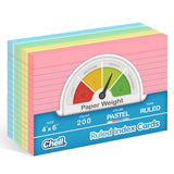 Chell 200 Count Index Cards 4x6 Inch Heavyweight, Ruled Front and Blank Back, 65 lb. Cover Weight, Pastel Colors